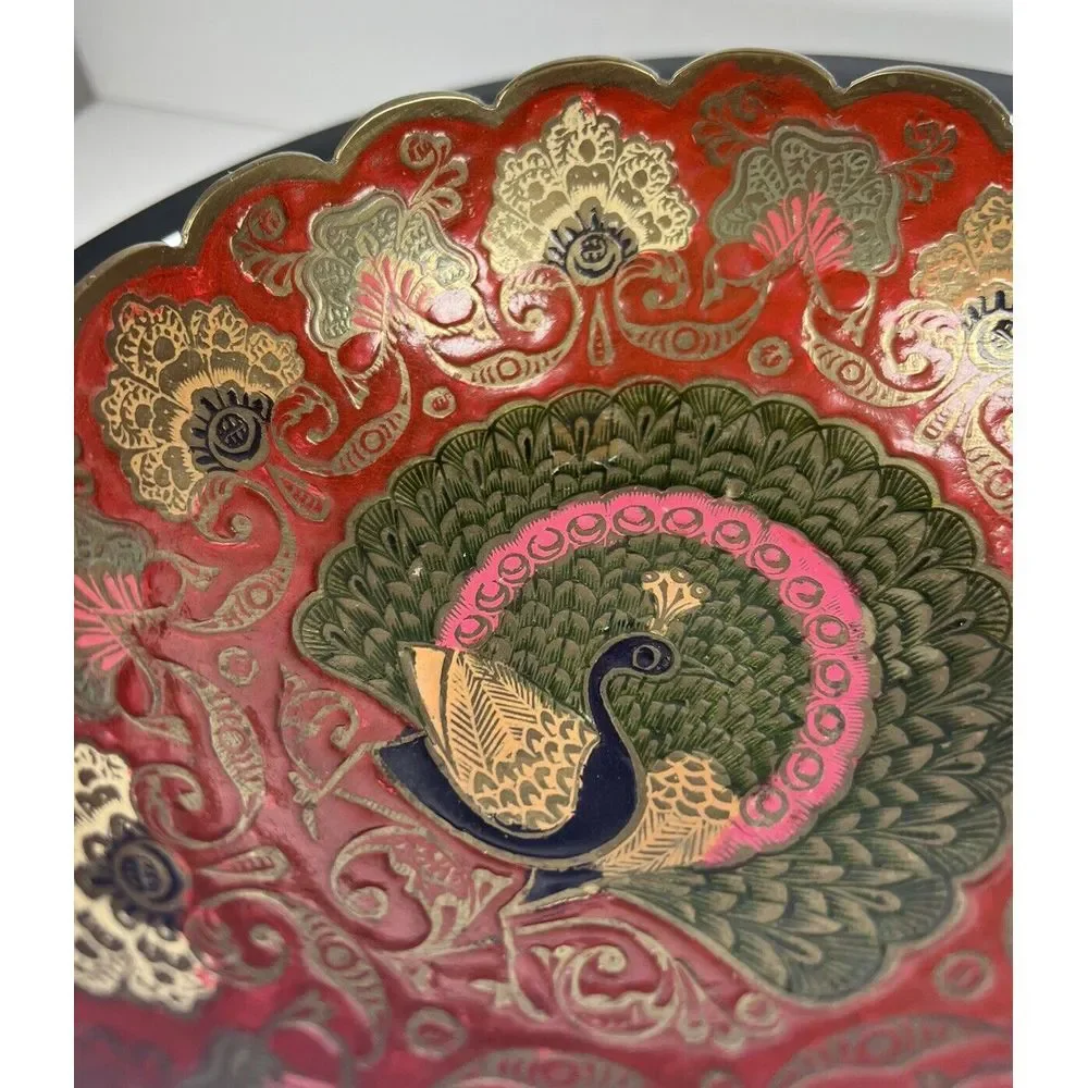 Vintage Enesco Imports Enameled Solid Brass Peacock‎ Bowl Made in India (8c7)